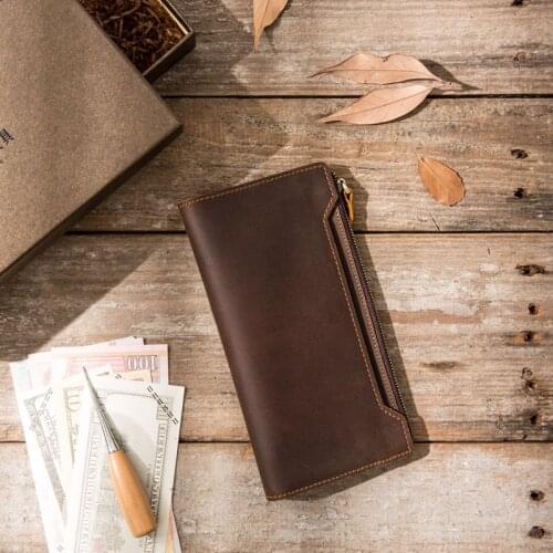 Men Long Wallet Genuine Leather Retro Cowhide Wallets Casual Two Fold Business Multifunction Card Holder Purse