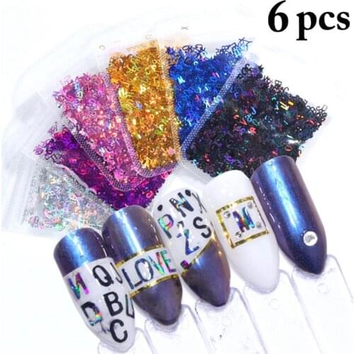 6 Packs Kapmore Nail Art Flakes Solid Color Letter Nail Shining Sequins Alphabet Nail Flakes Nail Art Tips Manicure Decoration