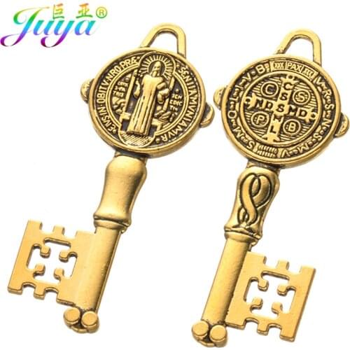 Juya 5pcs Wholesale DIY Religious Jewelry Pendants Supplies Antique Gold Jesus Cross Key Charms For Christian Jewelry Handmade