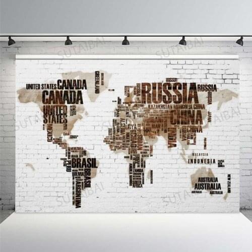 World Map White Brick Wall Photography Backdrop Newborn Baby Kids Portrait Background Photographic Photo Studio Backdrop Vinyl