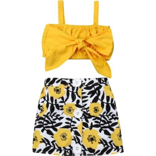 2020 Hot Sale Baby Clothes 2pcs Set Newborn Baby Girl Clothes Cute Big Bow Vest Tops Flower Skirt Yellow Summer Beach Streetwear