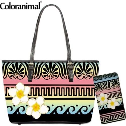 Coloranimal Fashion Tribal Plumeria Print Women Shoulder Bag Leather Handbag Set With Wallet Casual Daily Tote Bolsa sac à main