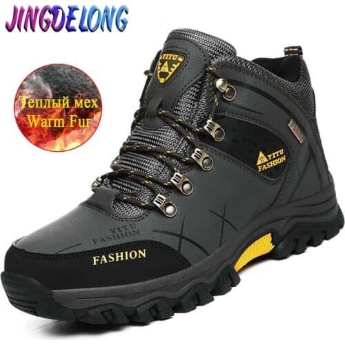 Brand Winter Waterproof Mens Ankle Boots Fur Warm Mens Snow Boots Quality Leather Mens Sneakers Outdoor Men Hiking Boots 39-47