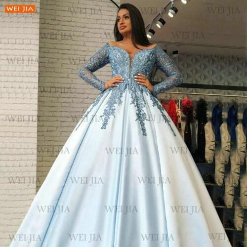 Sky Blue Evening Dresses Long Sleeves 2021 Robe De Soirée De Mariage Satin Beading Women Party Gown Custom Made Vestido De Festa