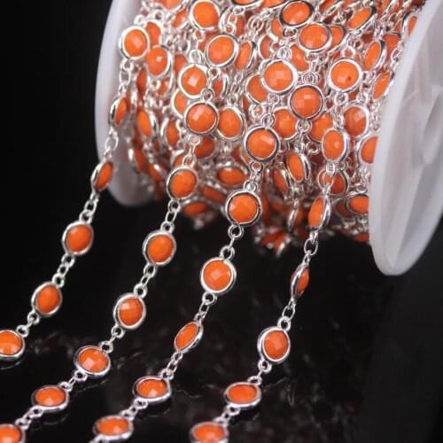 NEW! 3Meter/Lot Orange 6mm Faceted K9 Optical Glass Coin Bead Rosary Chains,Plated Silver Brass Flat Round Beaded DIY Necklaces