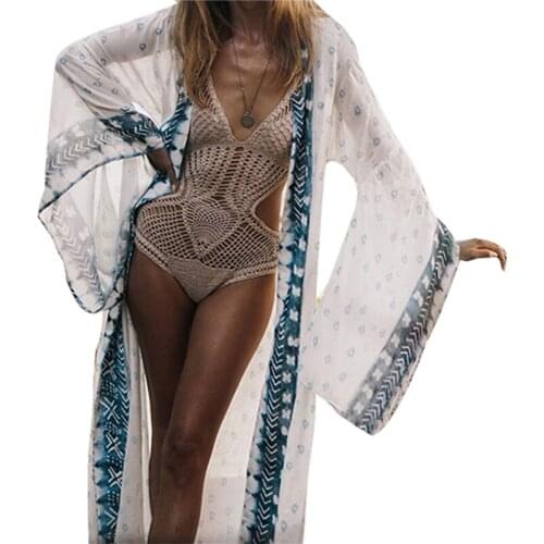 New Arrival Cover Up Womens Long-sleeved Coat Loose Circle Printing Blouse Casual Sun Protection Clothing Swimsuit Bikinis