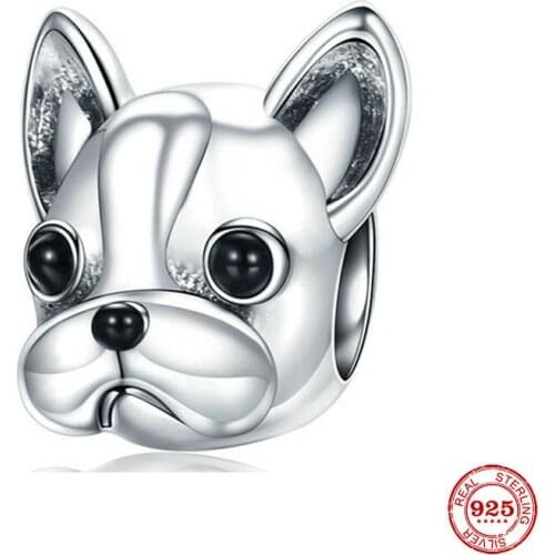 New 925 Sterling Silver Lovely Animal French Fighting Dog Dog Head Charm Beads fit Pandora Charm Bracelets & Necklaces DIY Jewel