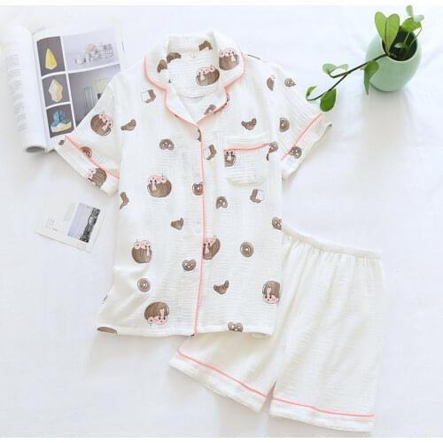 Summer New Crepe Womens Pajamas Cartoon Plus Size Short-sleeved Suit Thin Cotton Double-layer Gauze Night Wear Women Sleepwear