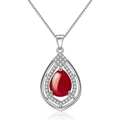 Luxury 925 Silver Jewelry Necklace with Water Drop Shaped Red Zircon Gemstones Pendant for Women Wedding Engagement Party Gifts