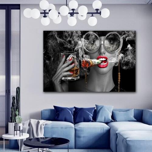 High Definition Printing Fashion Beauty Smoking Woman With Glasses Posters Scandinavian Wall Art Picture Living Room Home Decor