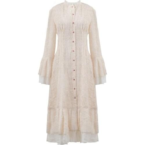 PERHAPS U Beige Lace Stand Collar Flare Sleeve Long Sleeve Maxi Dress Vintage Retro Lolita Autumn D1320
