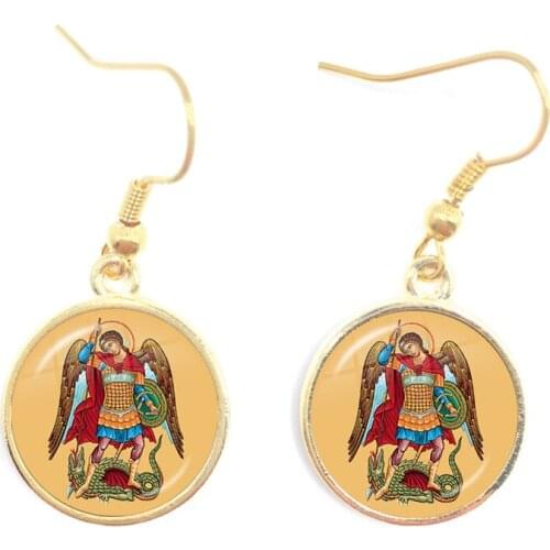 Hot St.Michael Fashion Earrings Protect Me Saint Shield Protection Justice 16mm Glass Cabochon Earrings Talisman Christian Holy
