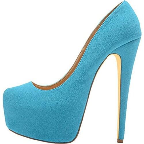 Fashion Platform Pumps Suede Blue Large Size 45 Round Toe Single Shoes Women Stiletto High Heel Womens Office Ol Dress Shoe