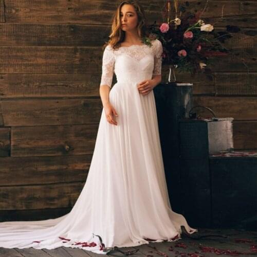 Boho Wedding Dress with Sleeves Appliques Lace Boat Neck Custom Made Backless Chiffon Wedding Gowns vestido de noiva