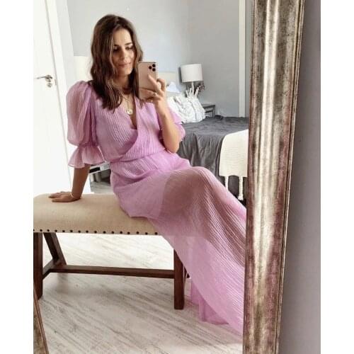 Vintage Solid Puff Sleeve Midi Dress Sexy Party Club Bodycon Pink Long Dress Spring Party Dresses Women Casual Vestidos de mujer