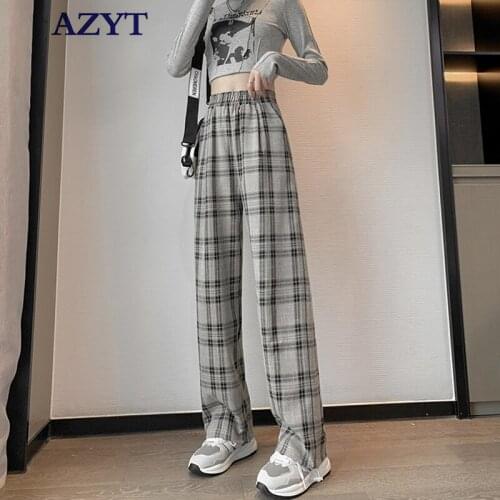 AZYT 2021 Autumn High Waist Women Straight Pants Vintage Style Plaid Female Trousers Casual Streetwear Women Sweatpants