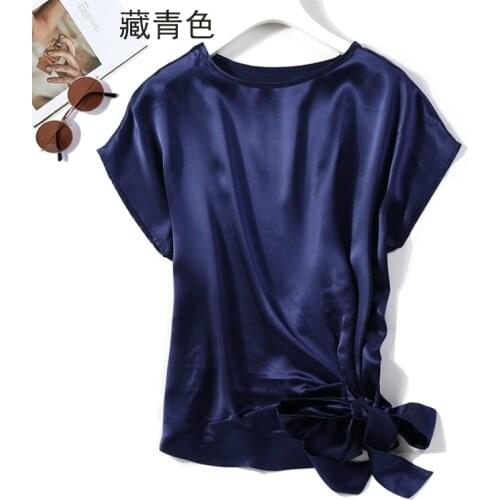 Womens 100% Mulberry Silk Satin Silk Champange Navy bow-tied buttom Top Shirt Blouse JN802