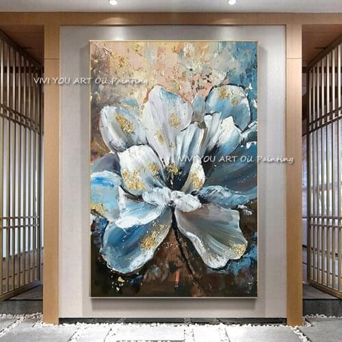 100% Handmade Abstract Blue Flower Oil Painting Canvas Modern Canvas Wall Art Living Room Decorative Flower Rose Painting