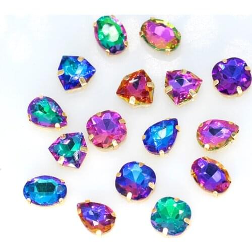 12p Multi-shape flame color Flat sewing glass crystal stone sew on rhinestone Jewels Gold plated button DIY clothing accessories