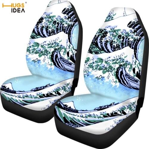 2Pcs The Great Wave off Kanagawa Auto Interior Decor Japanese Wave Spray Print Car Seat Cover SUV Front Seat Protect Cover