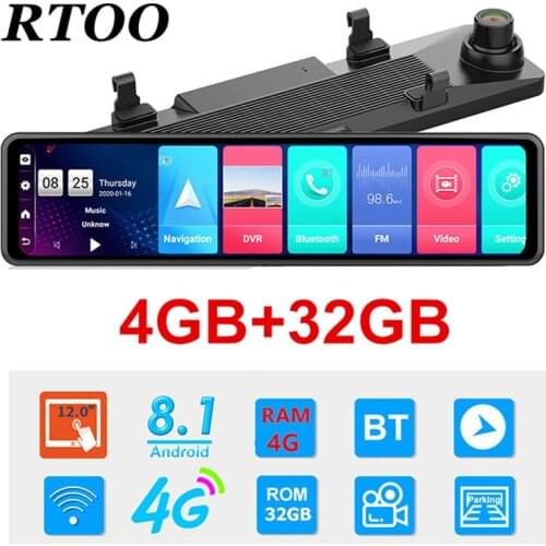 4G Android Car DVR 1080P 12 Inch Rearview Mirror GPS WIFI ADAS Dash Cam 4G+32G Dual Lens Front and Rear Auto Drive Recorder DVR