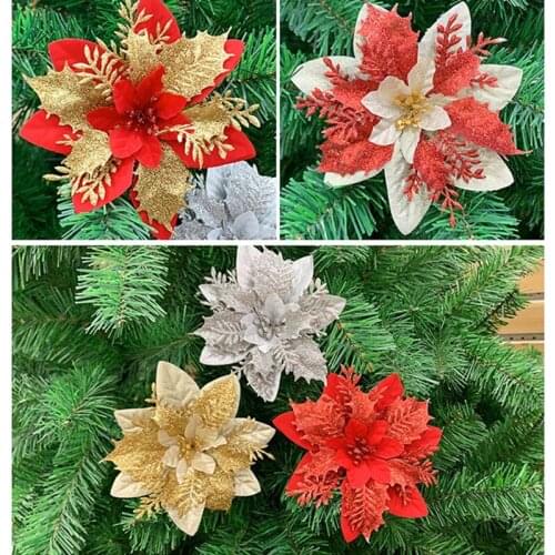 5pcs Glitter Artificial Flowers Merry Christmas Ornaments Christmas Tree Decorations for Home New Year Wedding Party Decor
