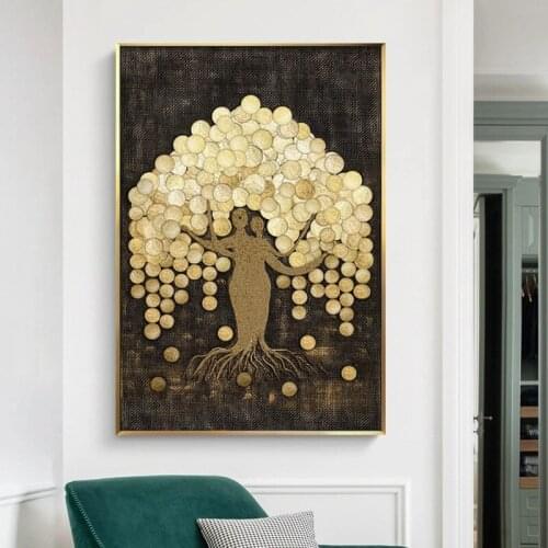 Abstract Gold Foil Texture Canvas Print Paintings Gold Rich Tree Poster Nordic Wall Art Pictures for Living Room Home Decor