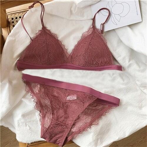 Ladies French Lace Bra Women Sexy Triangle Cup Bras Deep V Wireless Soft Thin Seamless Bra Fashion Patchwork Lace Set For Female