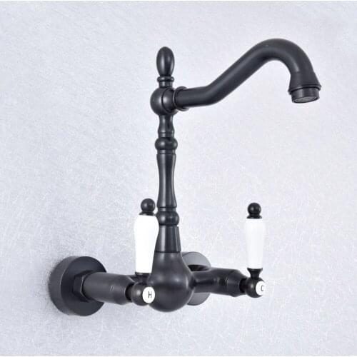 Black Oil Rubbed Brass Bathroom Kitchen Sink Basin Faucet Mixer Tap Swivel Spout Wall Mounted Dual Ceramic Handles msf706