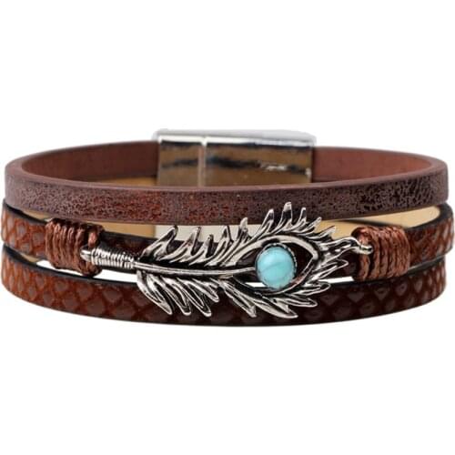 Ethnic Style Silver Plated Feather with Green Turquoises Stone Bead Layer Handmade Leather Bracelet Charm Jewelry