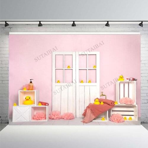 Yellow Rubber Duck Pink Backdrop Newborn Baby Shower Party White Wooden Door Photography Backgrounds Photo Studio Props