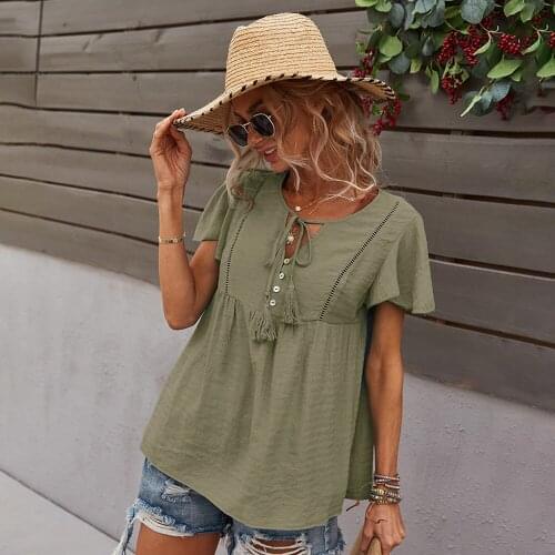 Summer Women T-Shirts Solid Color Cotton Linen Beach Style Casual Female Tee Lace Up Tassel Party Holiday New Blouses C2593