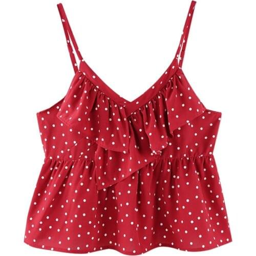 Neatie kiddie Sexy Red Polka Dot Print Summer High Street Women Camis T-shirt V-neck Ruffles 2019 Short Tshirt