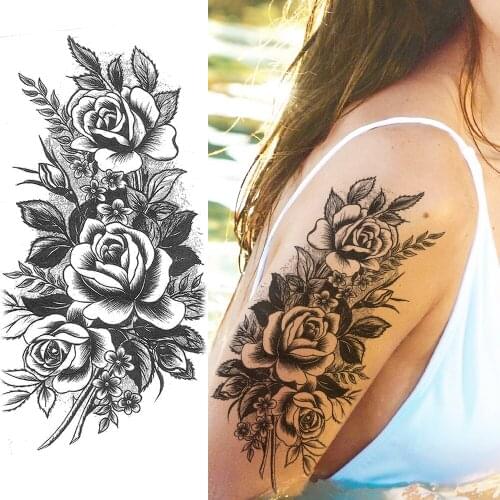 Creative Flower Temporary Tattoo Realistic Fake Pencil Sketch Rose Tatoo Paper For Women Girl Fashion Body Drawing Art Arm Tatoo