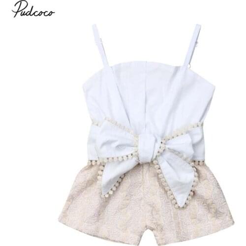2019 Brand Newborn Kids Baby Girls Lace Sling Bow Rompers Princess Sleevess Lace Tassel Top Summer Baby Clothes Jumpsuit 12M-4Y