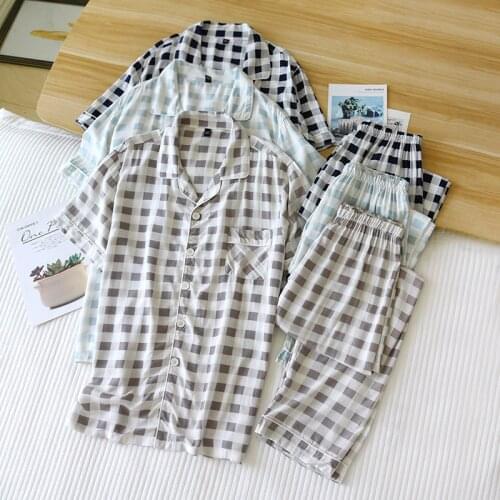 Summer New Couple Pajamas Two-piece 100% Viscose Short-sleeved Trousers Female Simple Plaid Male Large Size Home Service Sleep