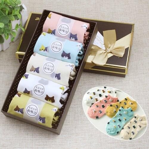 Fashion Womens Cotton Sock Slippers 5PCS/LOT Summer Korean Cute Kawaii Womens Cat Socks Slippers High Quality Gift Lady Sock