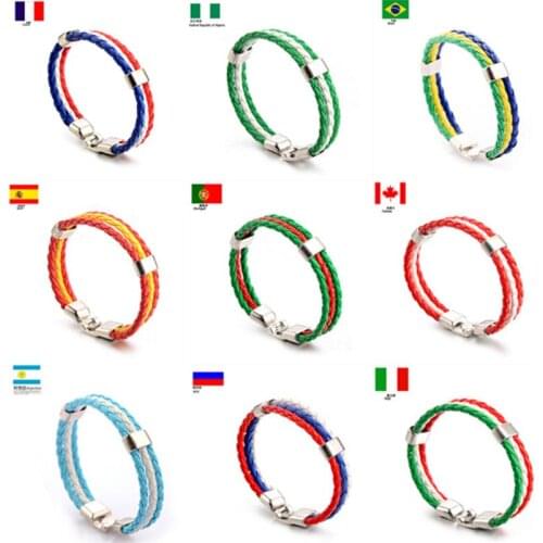Fashion Russia Spain France Brazil Flag Leather Team Bracelet Men High Quality Football Fans Couples Gift Jewelry