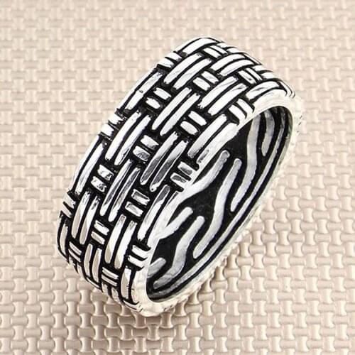 Men Silver Bands Ring With Geometric Motif Wedding Ring Engagement Silver Spinner Ring Made in Turkey Solid 925 Sterling Silver