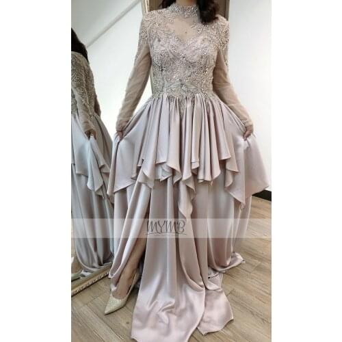 Arabic Fancy Evening Dress Design Pink Crystal Beading Satin Flowy Skirt Long Sleeves Prom Party Gowns Plus Size