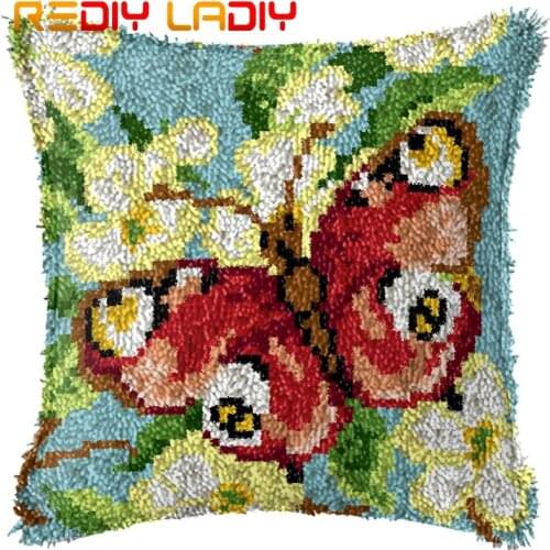 Latch Hook Cushion Butterfly Flowers Pillow Case Acrylic Yarn Sofa Pillow Printed Canvas Crochet Cushion Cover Arts & Crafts