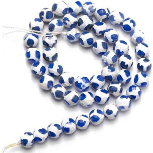 Wholesale Faceted Blue White Natural Stone Tibetan Agates Beads 8 10 12mm for Jewelry Making Loose Beads DIY Bracelet Necklace