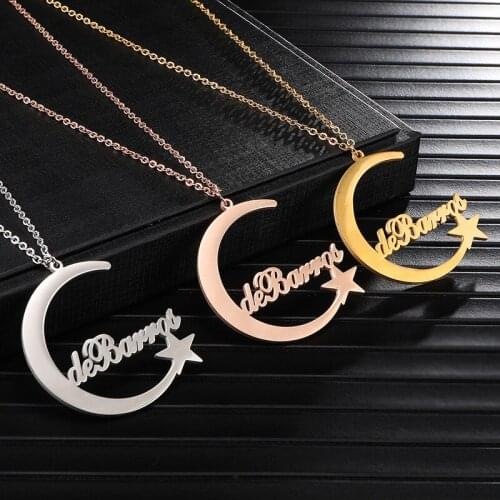 YCHM Custom Name Necklace Female Gold Plated Stainless Steel Creative Moon Star Necklace Pendant Choker Jewelry CN002