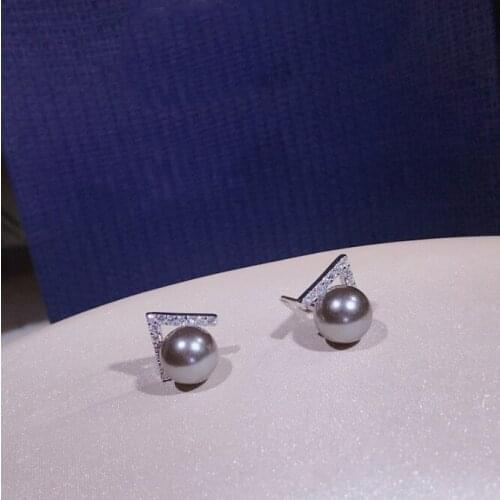 Best Price 100% 925 Sterling Silver Double Triangle & Natural Shell Pearl Stud Earring for Women, Clear CZ Luxury Jewelry Bijoux