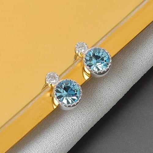 KOFSAC Shiny Women Stud Earrings 925 Sterling Silver Jewelry Trendy Blue Crystal Round Earring Lady Engagement Accessories New