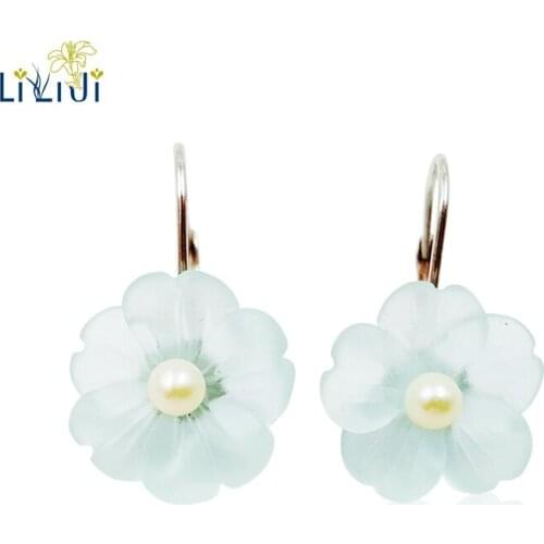 Lii Ji Real 925 Sterling Silver Natural Blue Crystal Flower Freshwater Pearl Earring