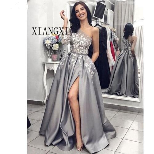 Grey Satin Evening Gown 2020 A-Line Sexy Split White Lace Long Prom Dresses with Pockets One Shoulder Long Sleeves Prom Dress