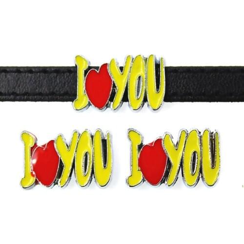 8mm Yellow I LOVE YOU Heart Slide Charms Flat Hole Enamel Beads Keeper Fit 8mm Stainless Steel Mesh Bracelets DIY Jewelry Making