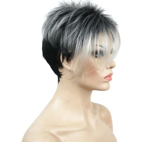 StrongBeauty Womens Wigs gray/Black MIX Short Straight Natural Synthetic Full Wig
