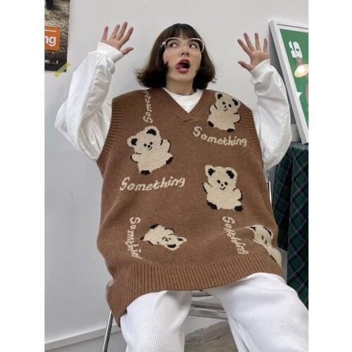 Japanese Bear Oversize Sweater Woman Vest Men Women Couples Fall Winter Y2k Loose BF Lazy Warm Knit Sweater Vintage Knitted Vest